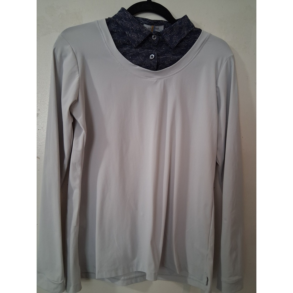 Callidae equestrian Womens Layered Long Sleeve Top Gray Navy Blue StripeCollar L